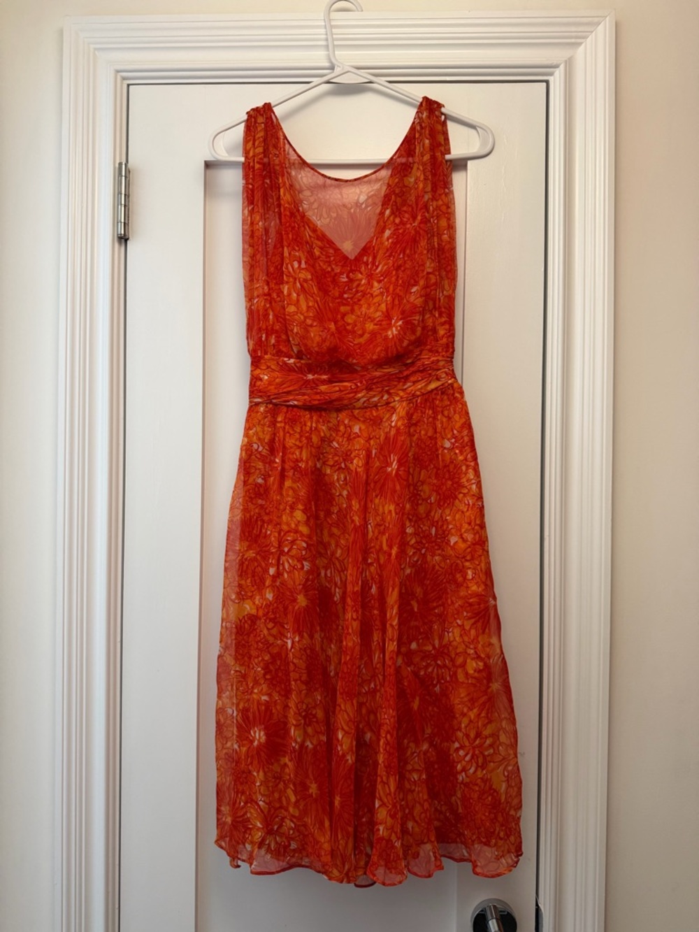 Vintage Orange Floral V-Neck Midi Dress